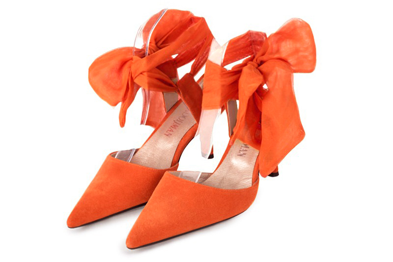 Clementine orange open back shoes with an ankle scarf. Pointed toe. High slim heel. Model Paradise Firenze